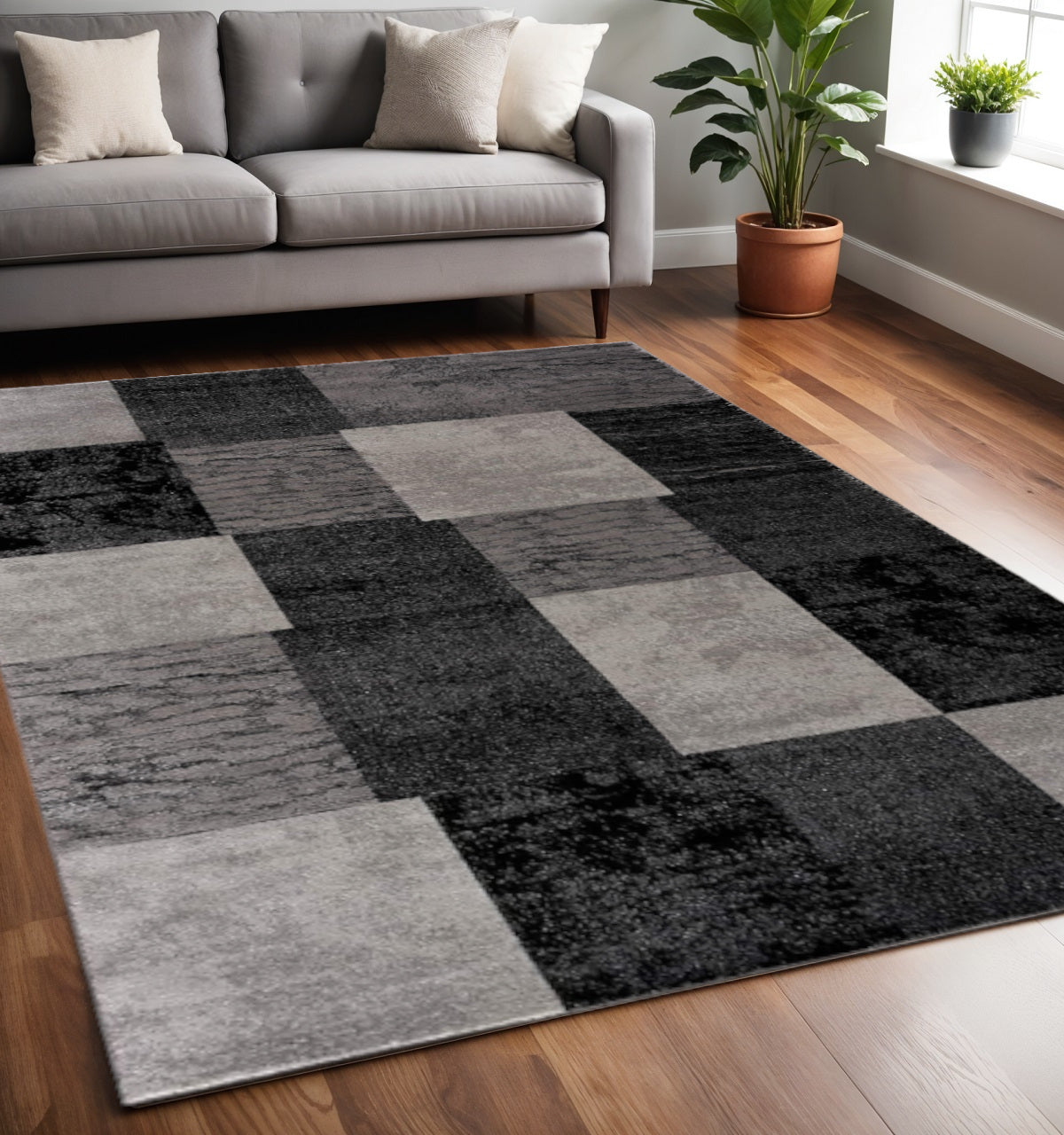 15' Gray Checkered Power Loom Runner Rug-Area Rugs-DECOROLALA