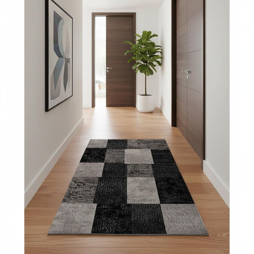 15' Gray Checkered Power Loom Runner Rug-Area Rugs-DECOROLALA