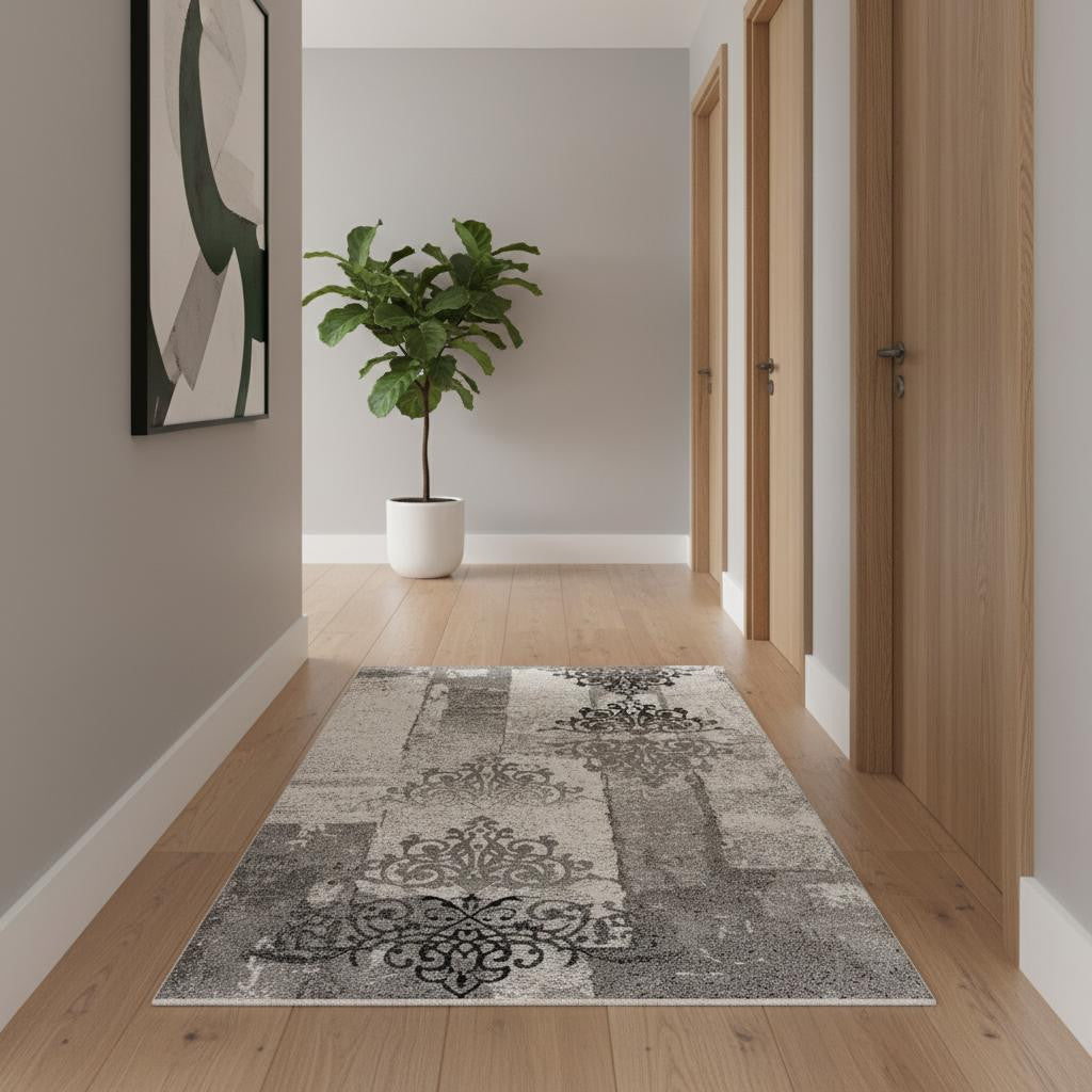 15' Gray Damask Dhurrie Runner Rug-Area Rugs-DECOROLALA