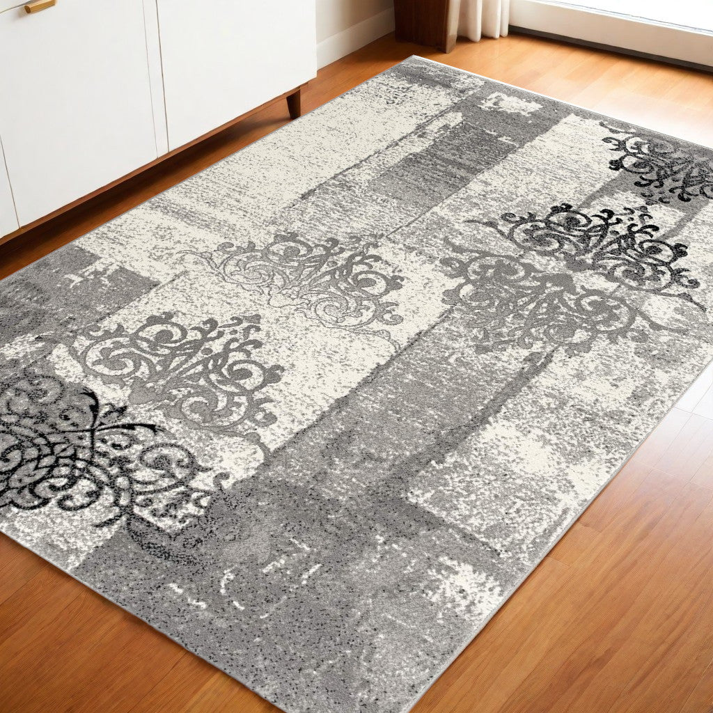 15' Gray Damask Dhurrie Runner Rug-Area Rugs-DECOROLALA