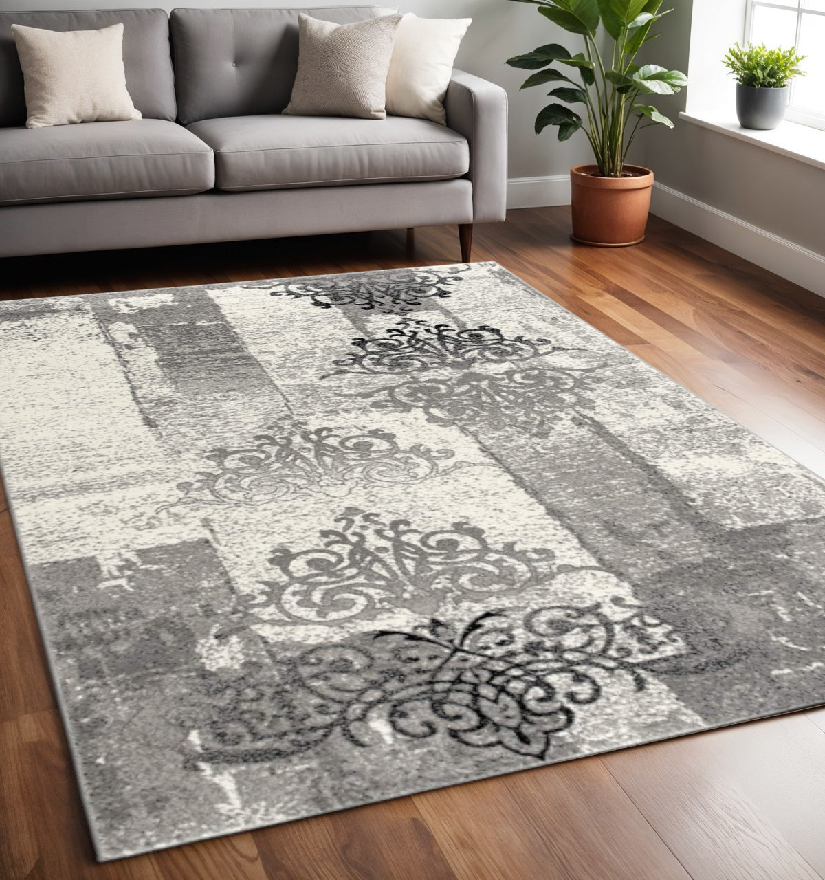 15' Gray Damask Dhurrie Runner Rug-Area Rugs-DECOROLALA