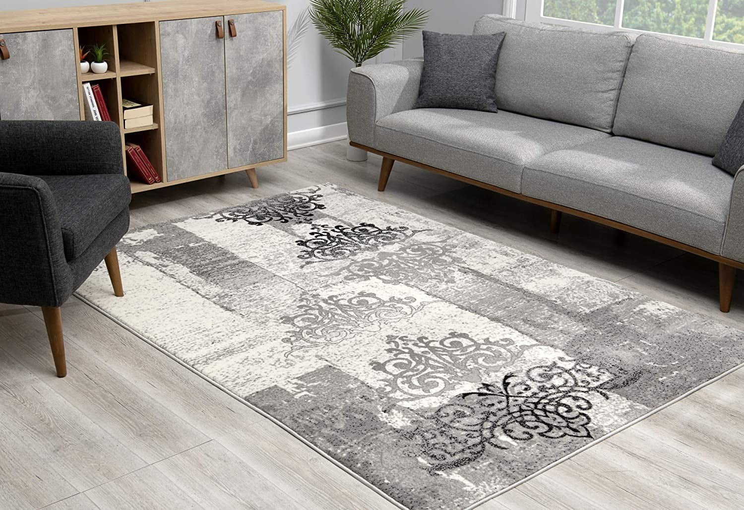 15' Gray Damask Dhurrie Runner Rug-Area Rugs-DECOROLALA