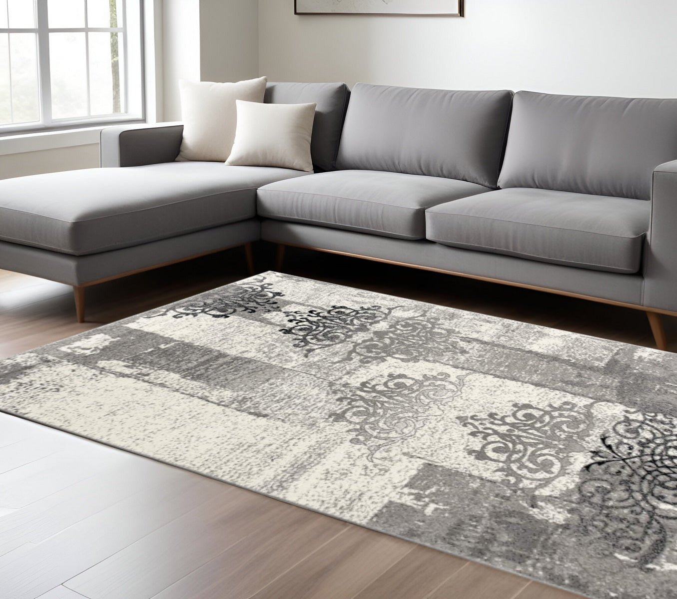 15' Gray Damask Dhurrie Runner Rug-Area Rugs-DECOROLALA