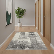 15' Gray Damask Dhurrie Runner Rug-Area Rugs-DECOROLALA