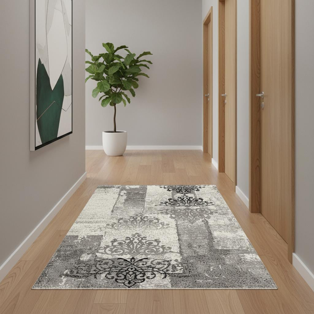 15' Gray Damask Dhurrie Runner Rug-Area Rugs-DECOROLALA