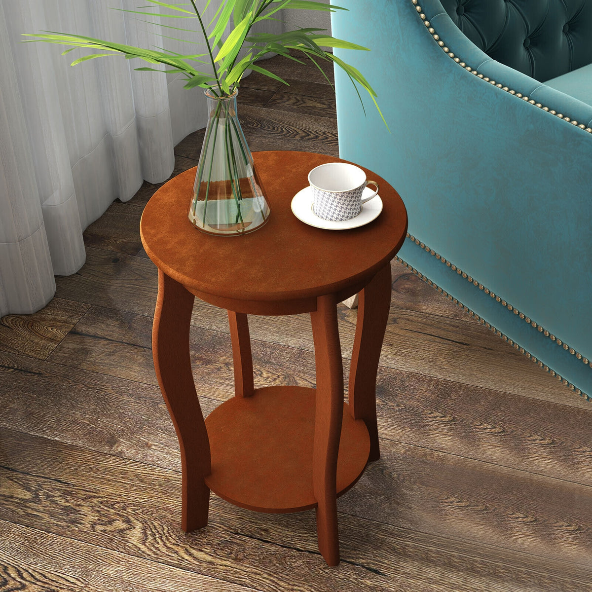 15 Inch 2-Tier Round End Table with Storage Shelf-Walnut-End & Side Tables-DECOROLALA