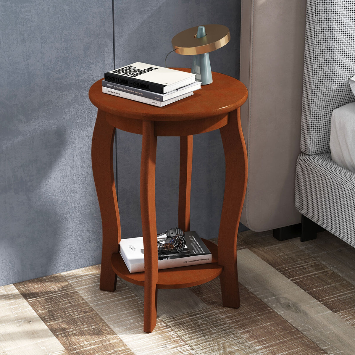 15 Inch 2-Tier Round End Table with Storage Shelf-Walnut-End & Side Tables-DECOROLALA