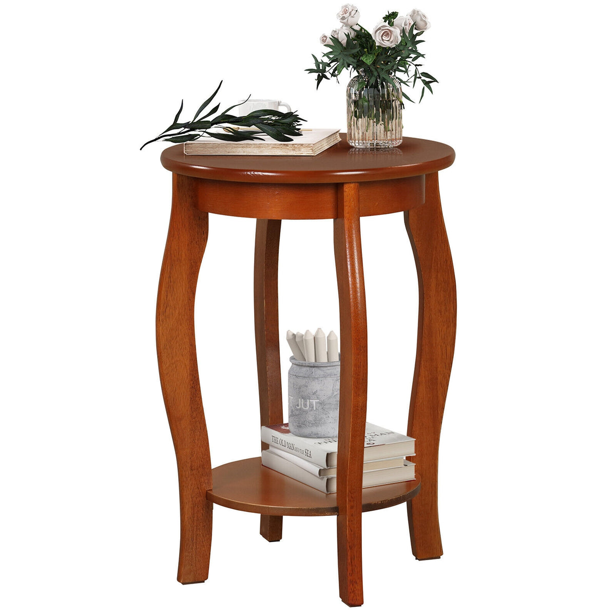 15 Inch 2-Tier Round End Table with Storage Shelf-Walnut-End & Side Tables-DECOROLALA