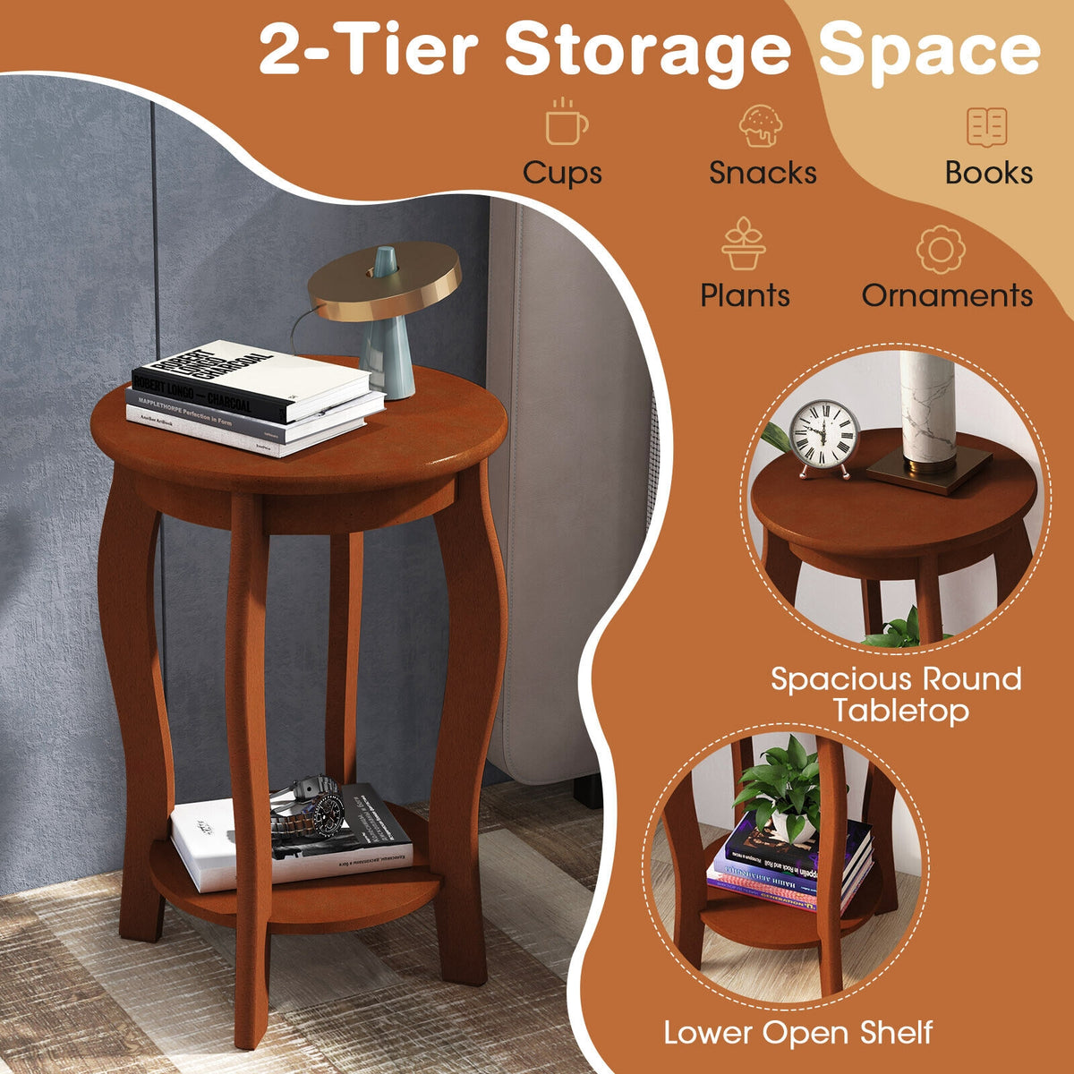 15 Inch 2-Tier Round End Table with Storage Shelf-Walnut-End & Side Tables-DECOROLALA