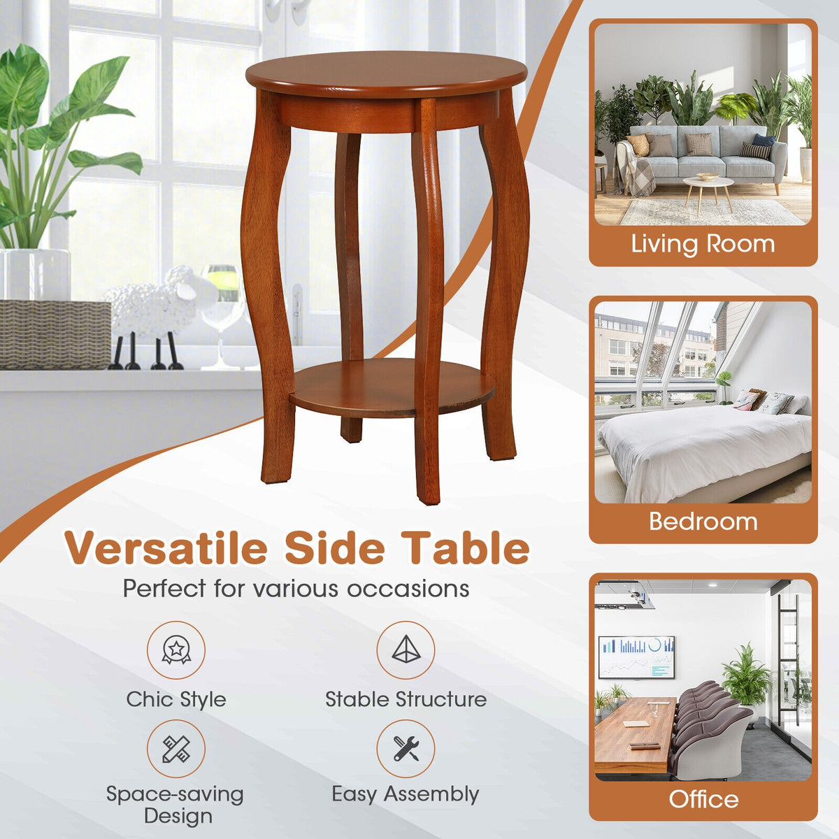 15 Inch 2-Tier Round End Table with Storage Shelf-Walnut-End & Side Tables-DECOROLALA