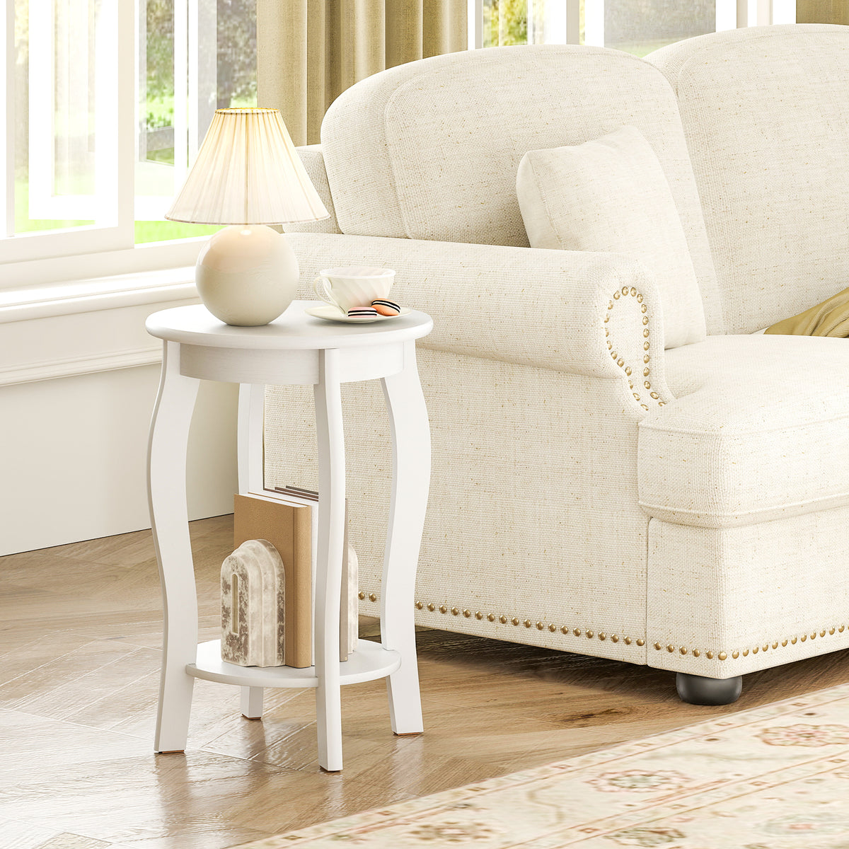 15 Inch 2-Tier Round End Table with Storage Shelf-White-End & Side Tables-DECOROLALA