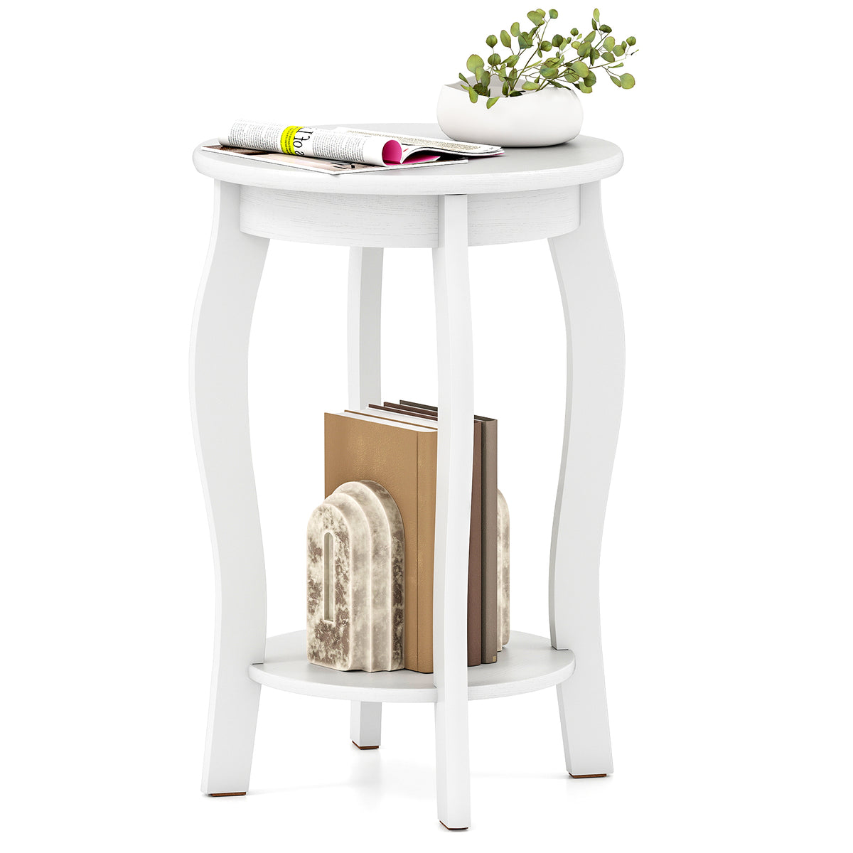 15 Inch 2-Tier Round End Table with Storage Shelf-White-End & Side Tables-DECOROLALA