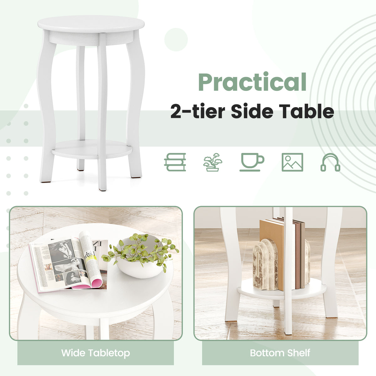 15 Inch 2-Tier Round End Table with Storage Shelf-White-End & Side Tables-DECOROLALA