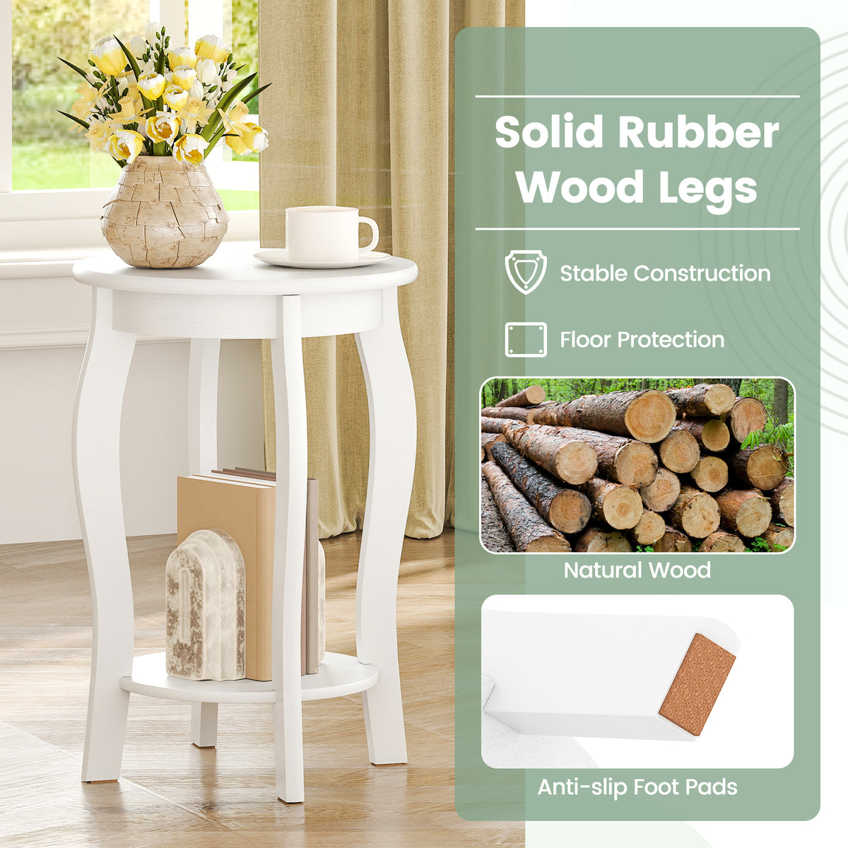 15 Inch 2-Tier Round End Table with Storage Shelf-White-End & Side Tables-DECOROLALA
