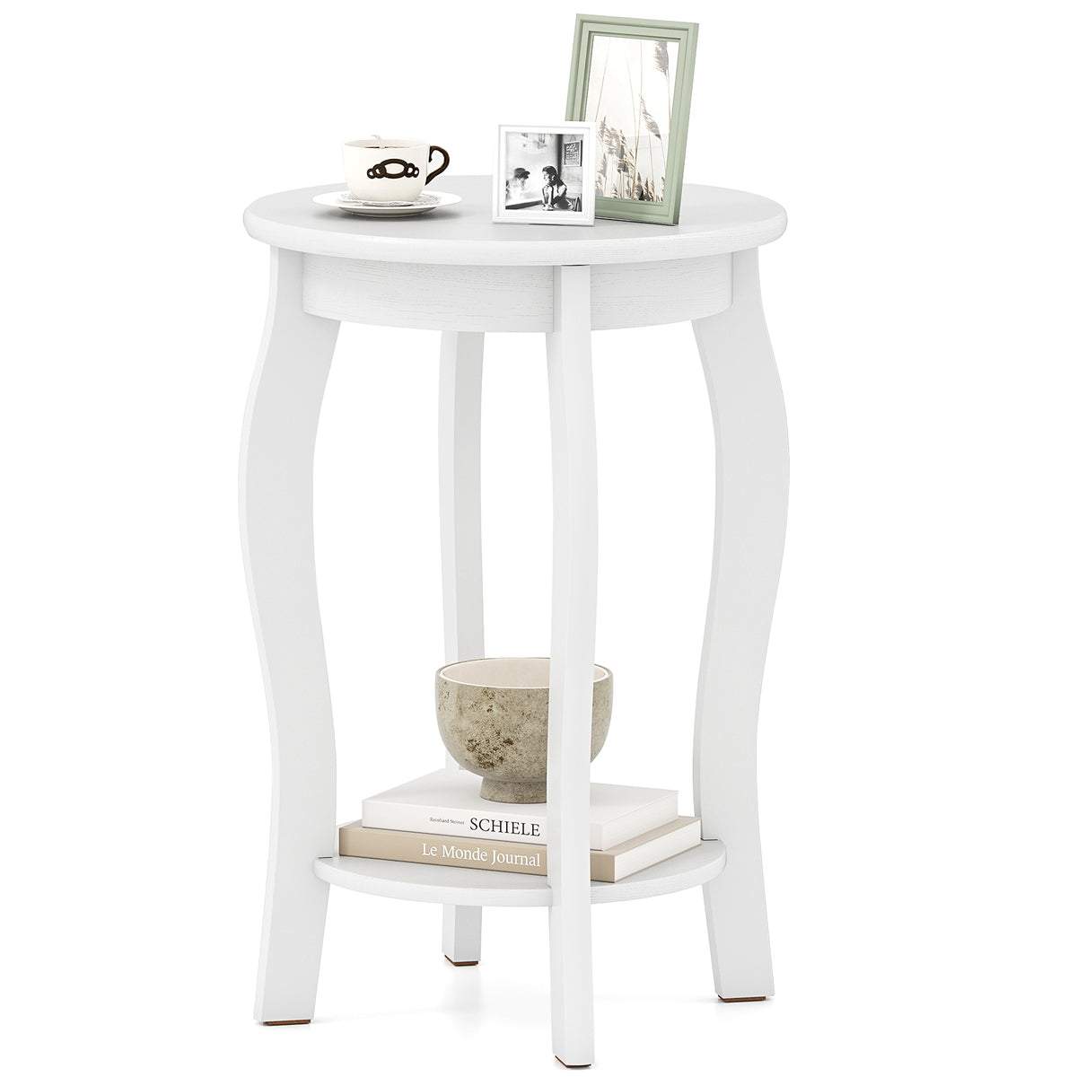 15 Inch 2-Tier Round End Table with Storage Shelf-White-End & Side Tables-DECOROLALA