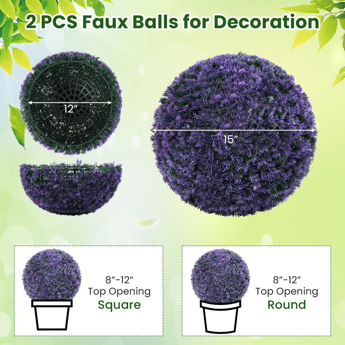 15 Inch Round Artificial Plant Boxwood Topiary Balls Set of 2 for Indoor Outdoor-Purple-Artificial Plants-DECOROLALA