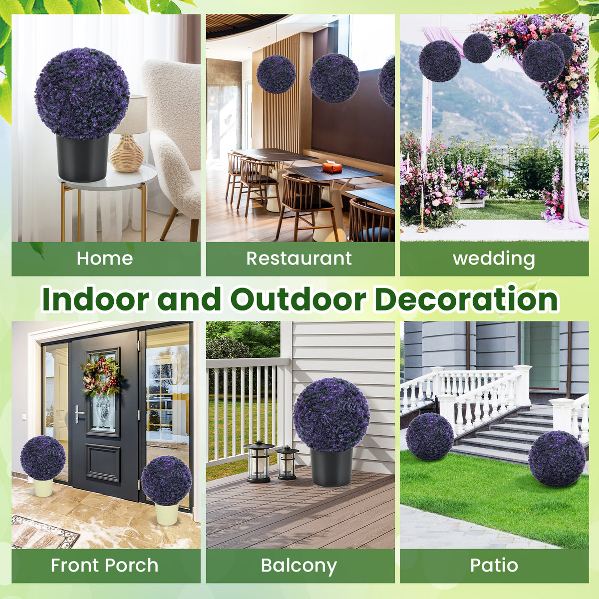 15 Inch Round Artificial Plant Boxwood Topiary Balls Set of 2 for Indoor Outdoor-Purple-Artificial Plants-DECOROLALA
