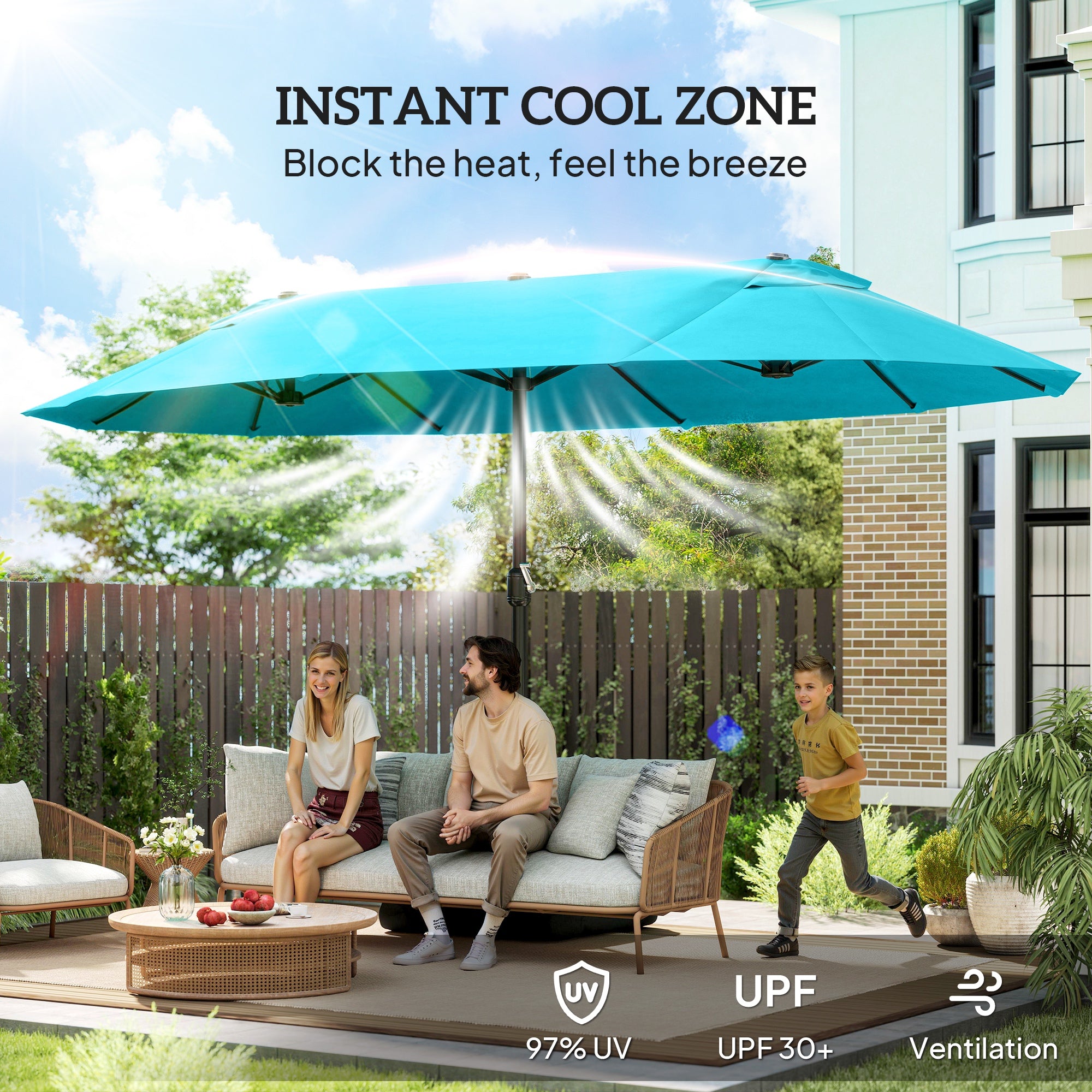15' Outdoor Patio Umbrella, Light Blue Sunshade, Steel, Lift Crank-DECOROLALA
