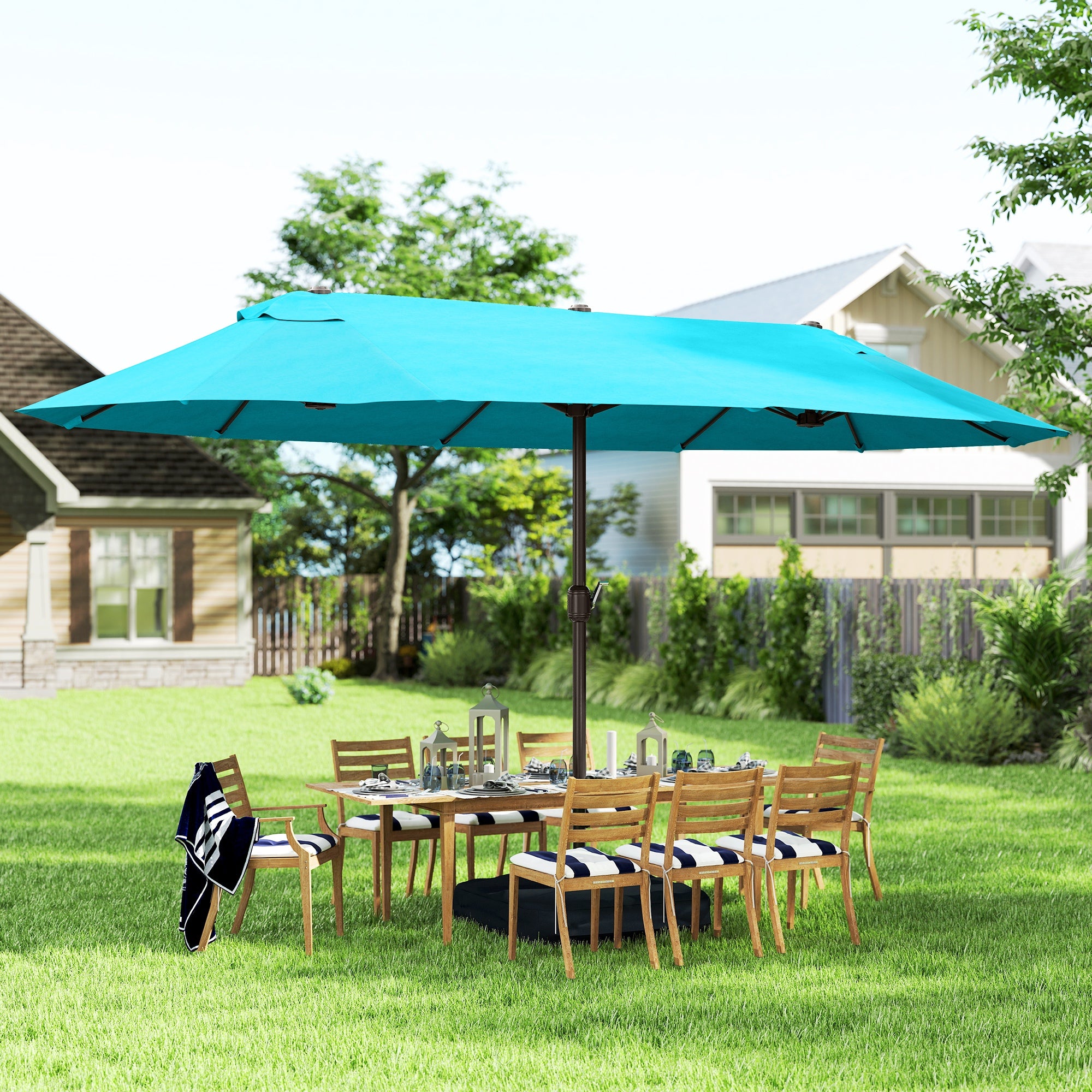 15' Outdoor Patio Umbrella, Light Blue Sunshade, Steel, Lift Crank-DECOROLALA