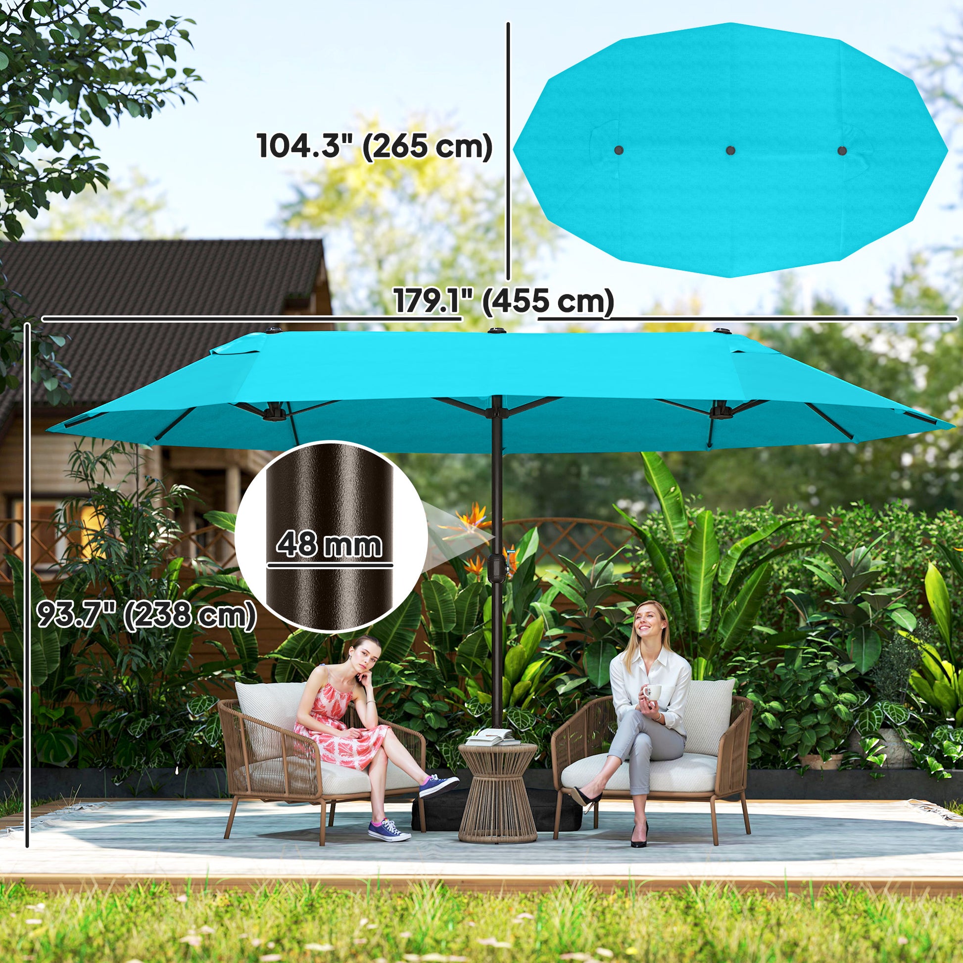 15' Outdoor Patio Umbrella, Light Blue Sunshade, Steel, Lift Crank-DECOROLALA