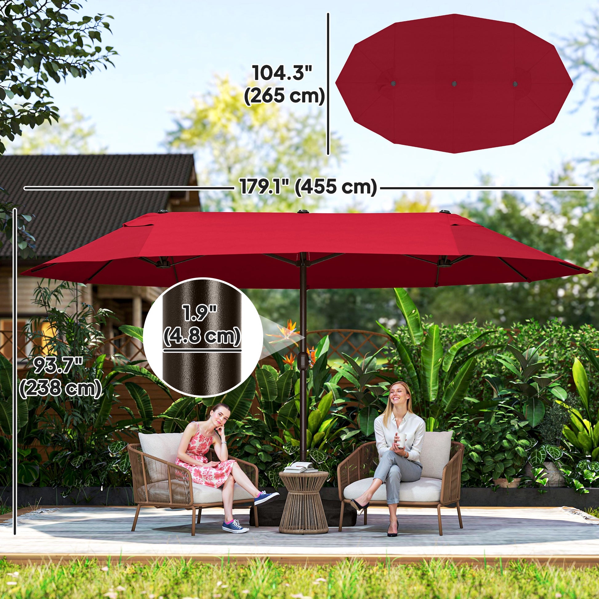 15' Patio Umbrella with Twin Canopy, Wine Red Steel, Lift Crank, Cross Base-DECOROLALA