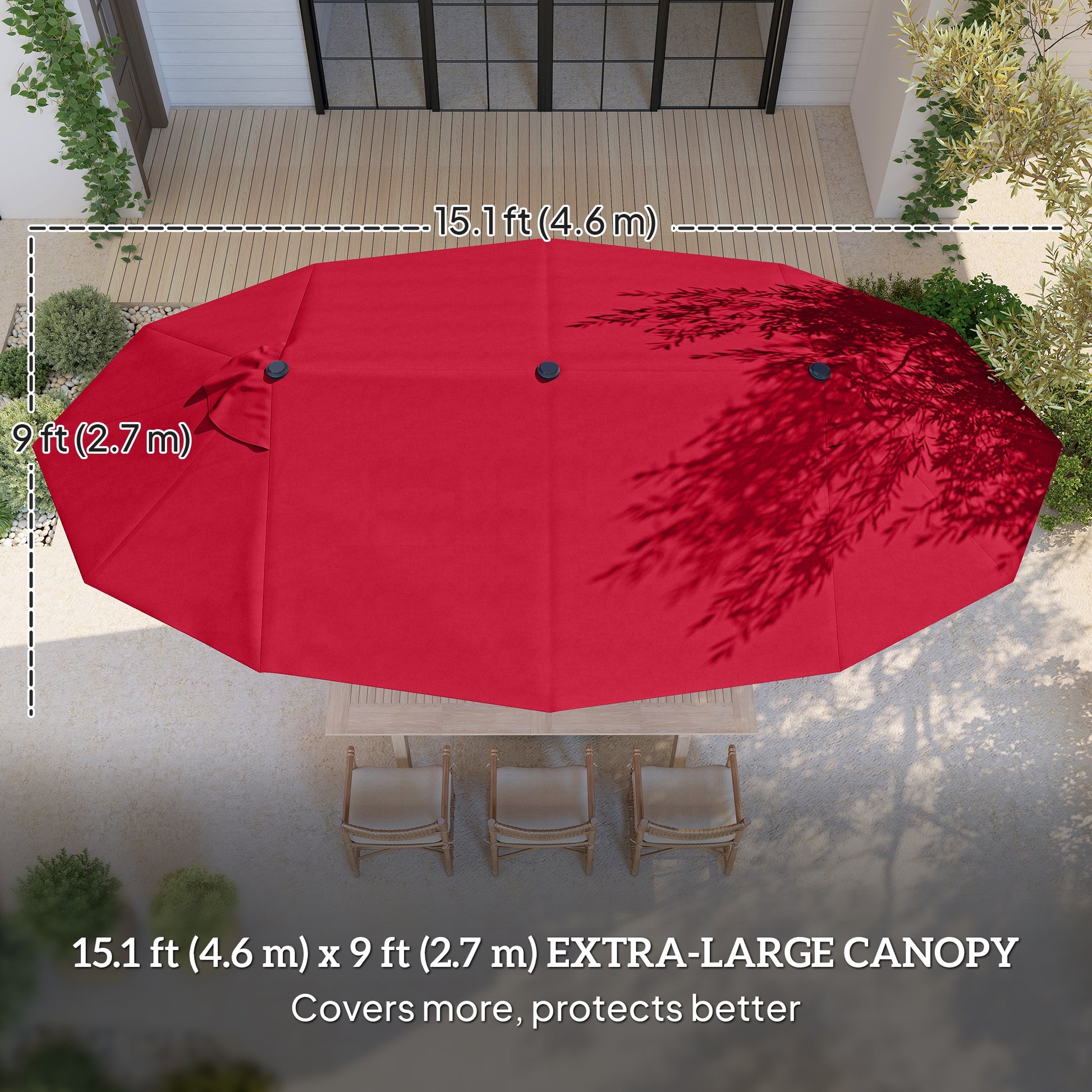 15' Patio Umbrella with Twin Canopy, Wine Red Steel, Lift Crank, Cross Base-DECOROLALA