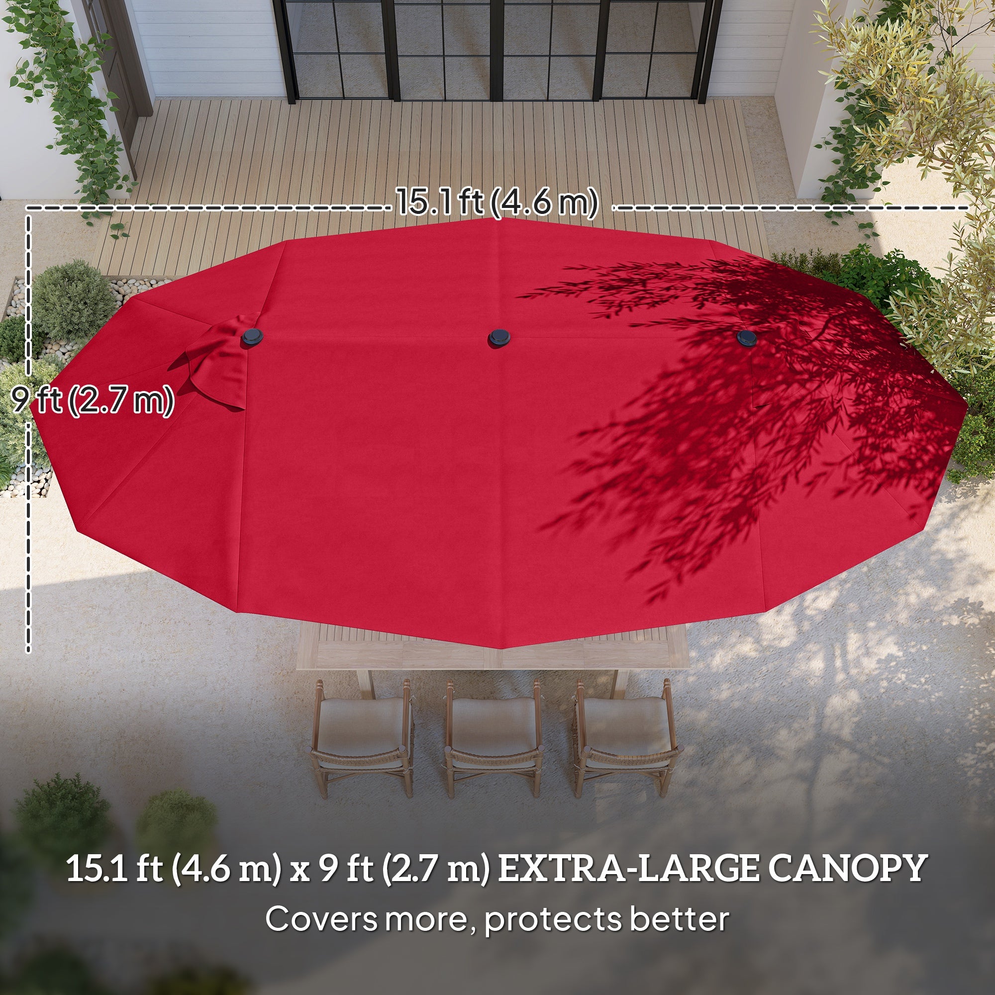 15' Patio Umbrella with Twin Canopy, Wine Red Steel, Lift Crank, Cross Base-DECOROLALA