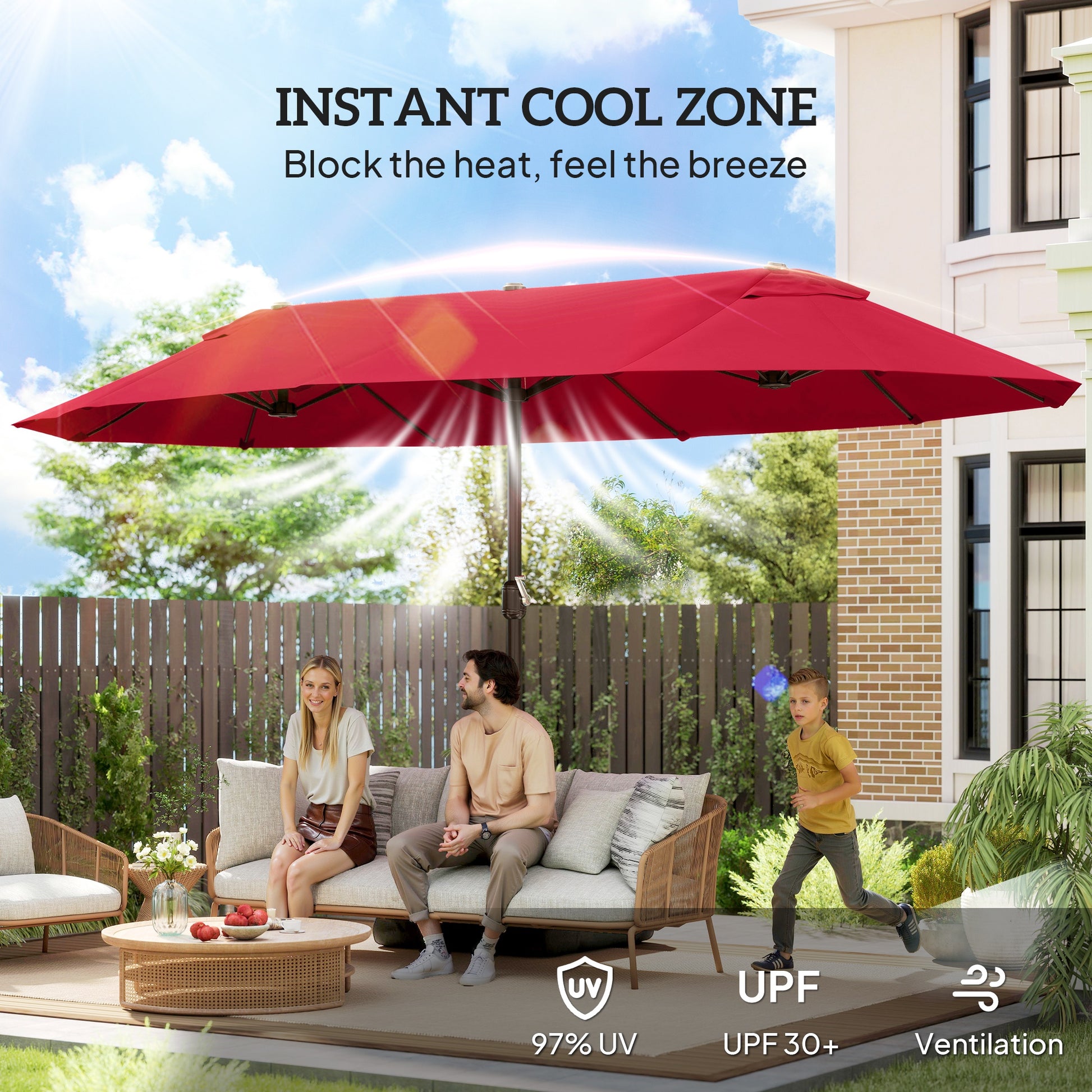 15' Patio Umbrella with Twin Canopy, Wine Red Steel, Lift Crank, Cross Base-DECOROLALA