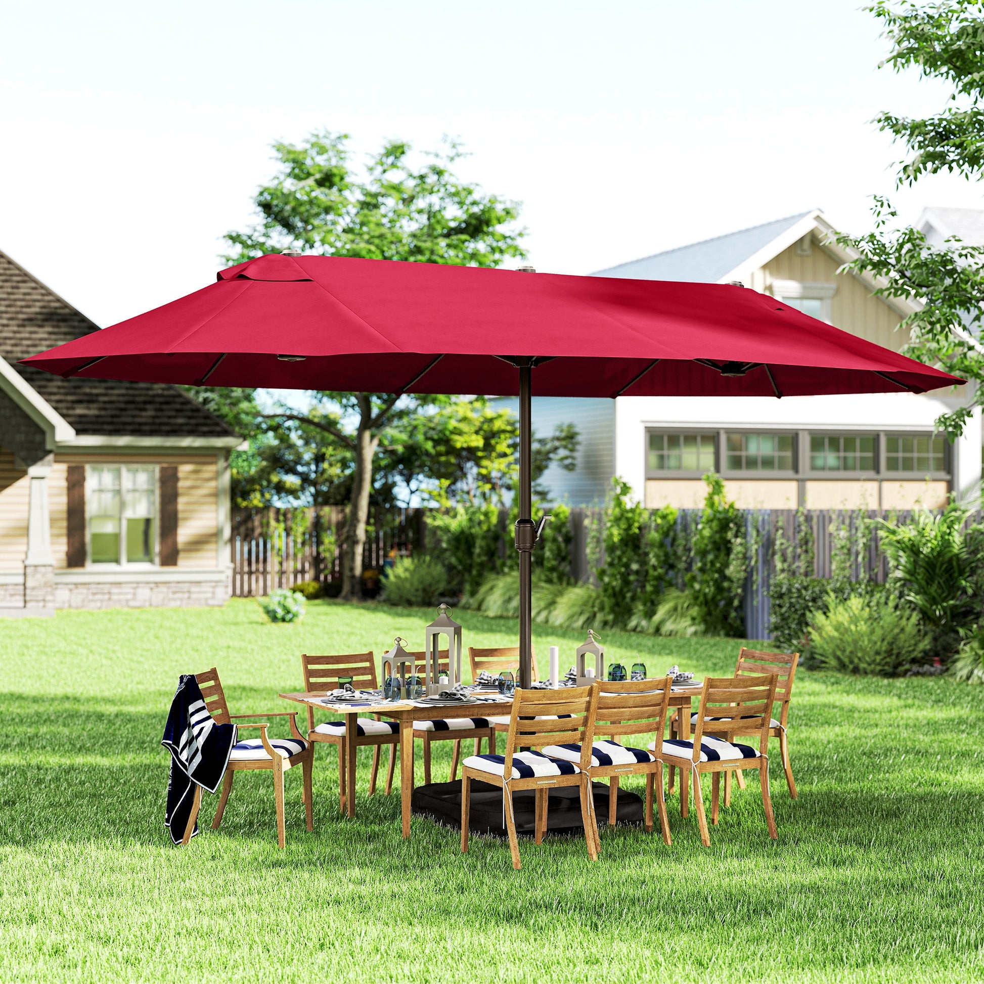 15' Patio Umbrella with Twin Canopy, Wine Red Steel, Lift Crank, Cross Base-DECOROLALA