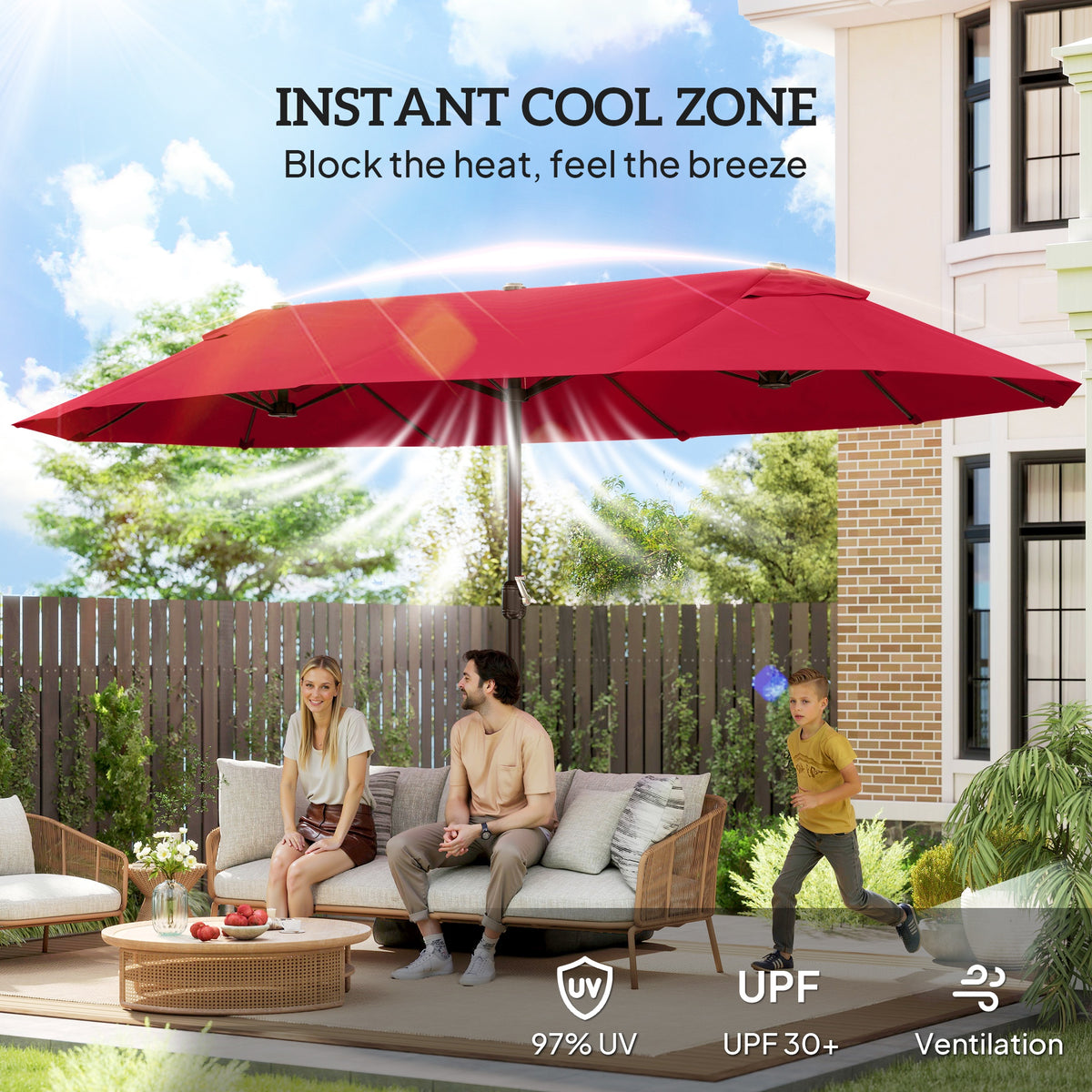 15' Patio Umbrella with Twin Canopy, Wine Red Steel, Lift Crank, Cross Base-Patio Umbrellas-DECOROLALA