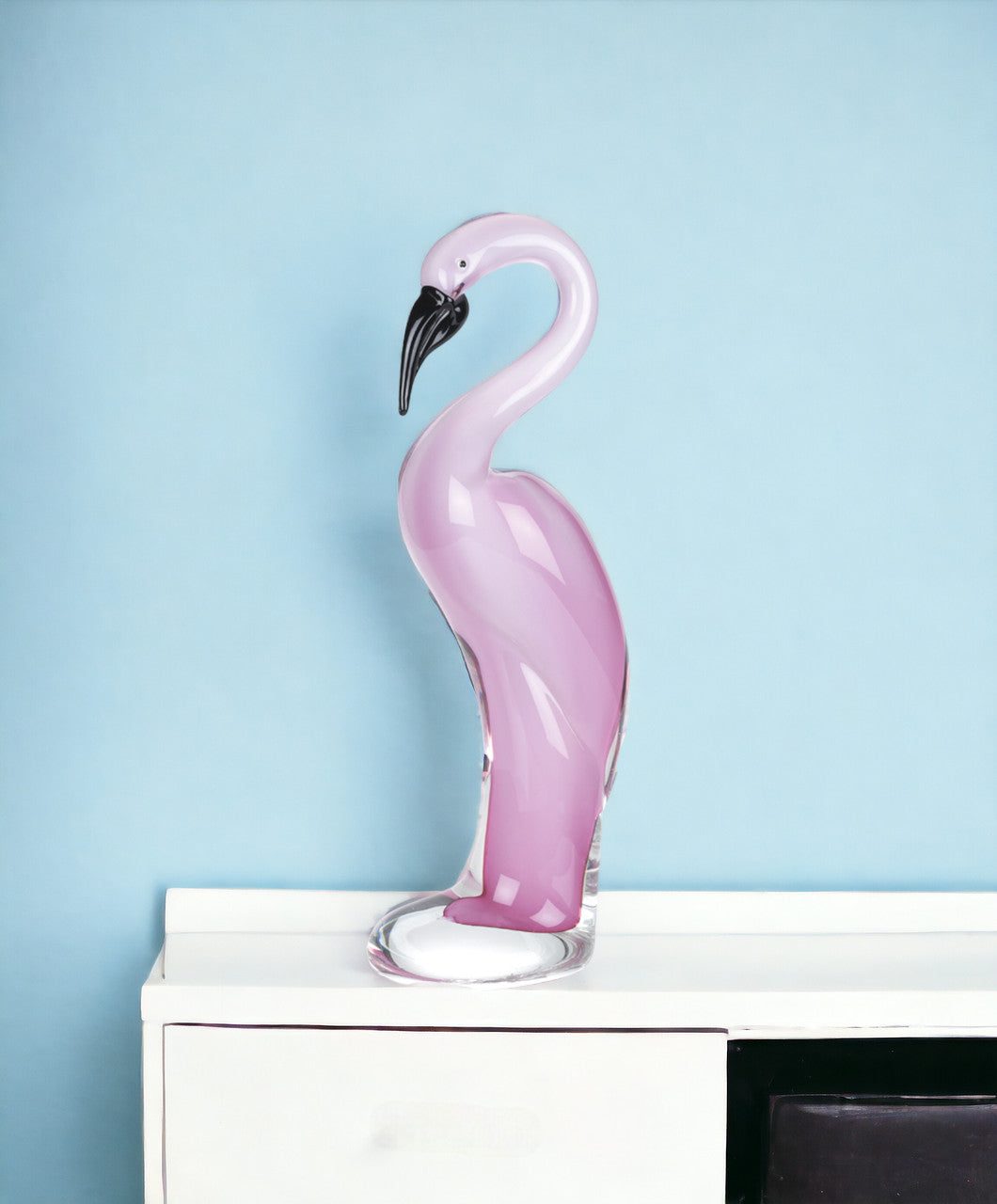 15" Pink Murano Glass Flamingo Figurine Tabletop Sculpture-Sculptures-DECOROLALA