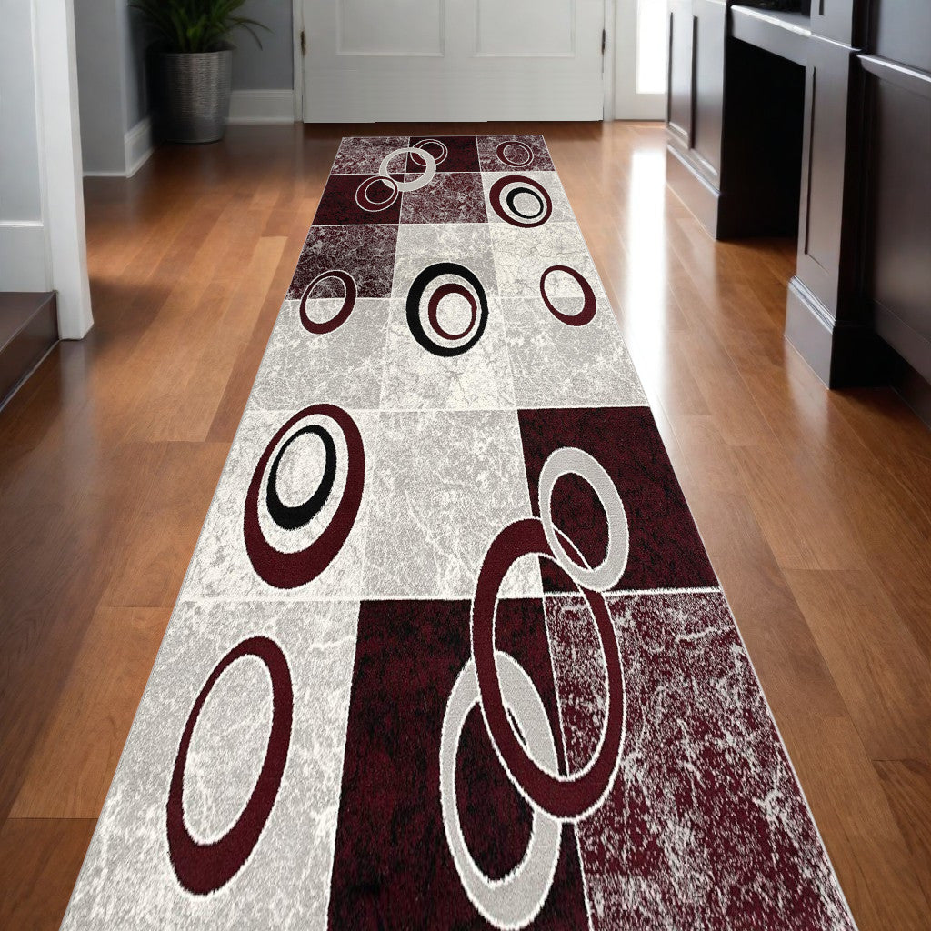 15' Red And White Abstract Runner Rug-Area Rugs-DECOROLALA