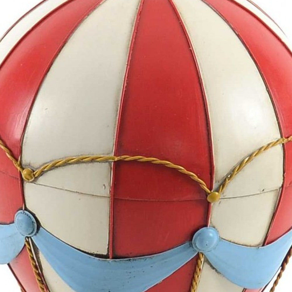 15" Red And White Metal Hand Painted Hot Air Balloon Tabletop Sculpture-Sculptures-DECOROLALA