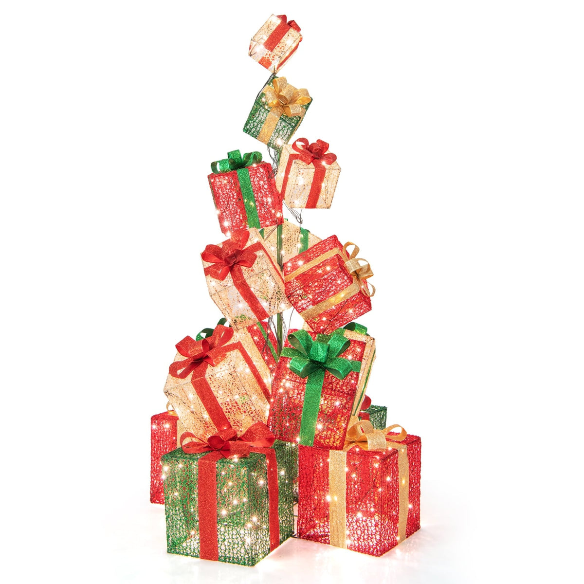 15 Stacked Lighted Christmas Gift Box Tower with 450 Warm White Lights-Christmas Decorations & Accessories-DECOROLALA