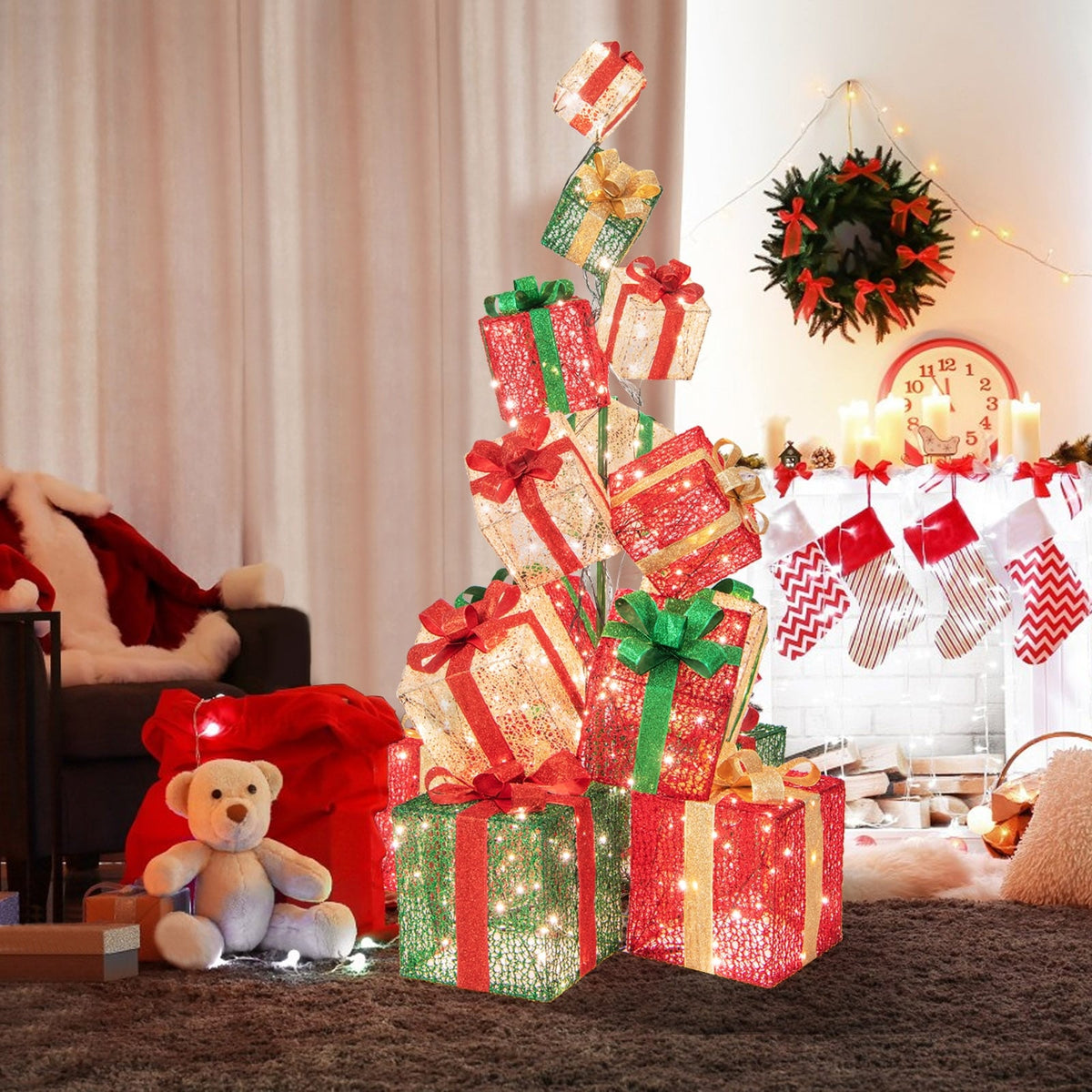 15 Stacked Lighted Christmas Gift Box Tower with 450 Warm White Lights-Christmas Decorations & Accessories-DECOROLALA