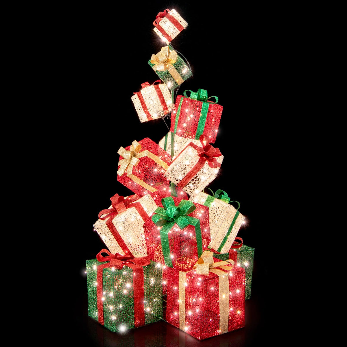 15 Stacked Lighted Christmas Gift Box Tower with 450 Warm White Lights-Christmas Decorations & Accessories-DECOROLALA
