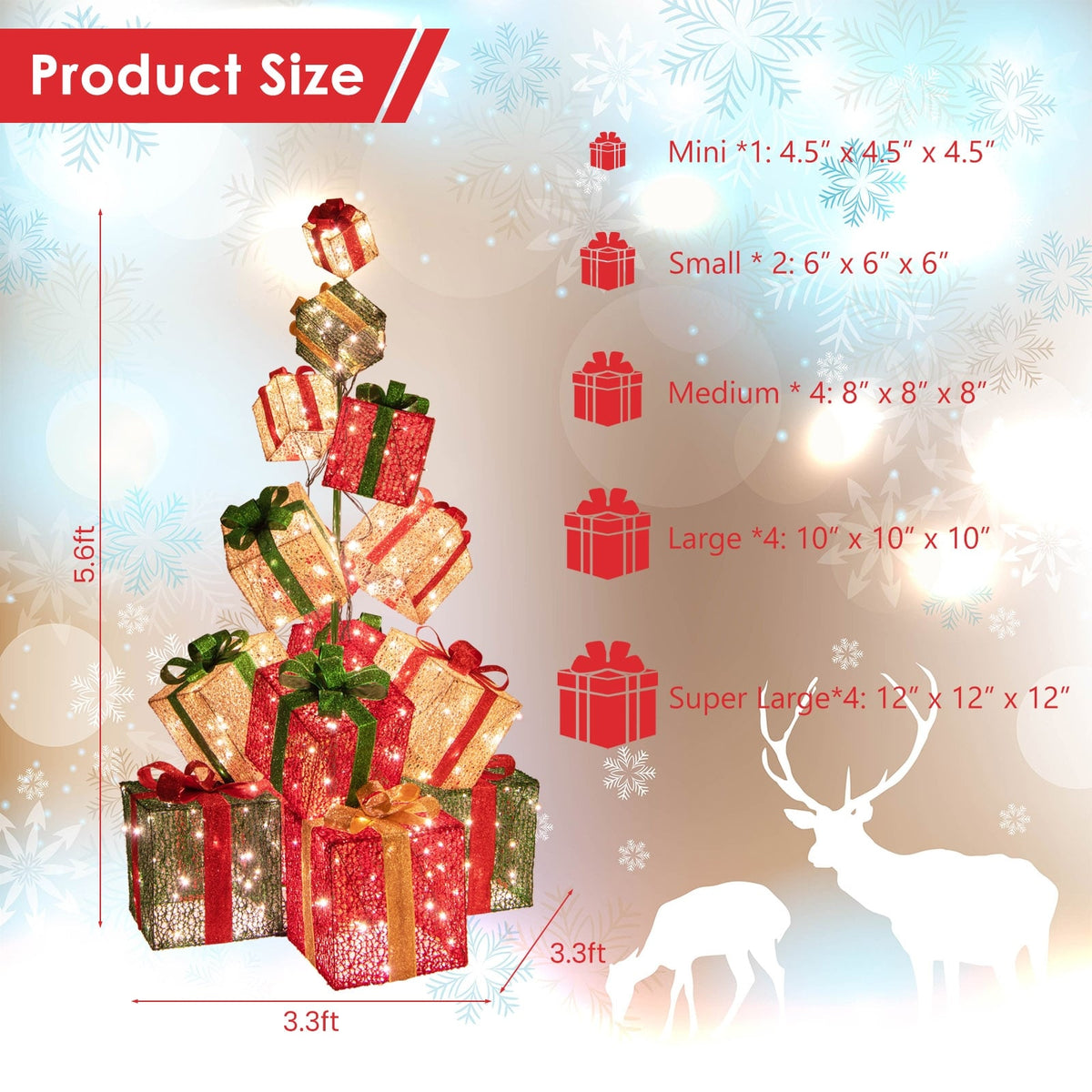 15 Stacked Lighted Christmas Gift Box Tower with 450 Warm White Lights-Christmas Decorations & Accessories-DECOROLALA