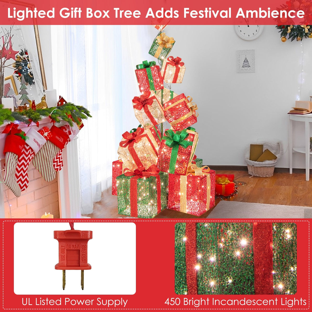 15 Stacked Lighted Christmas Gift Box Tower with 450 Warm White Lights-Christmas Decorations & Accessories-DECOROLALA