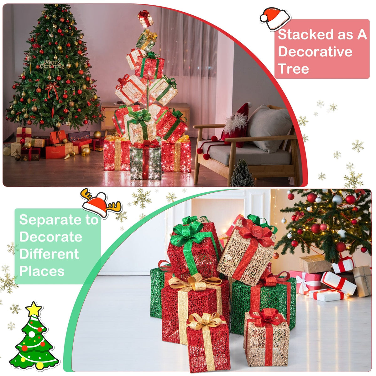 15 Stacked Lighted Christmas Gift Box Tower with 450 Warm White Lights-Christmas Decorations & Accessories-DECOROLALA