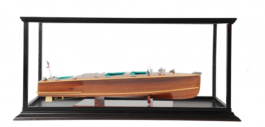 15" Wood Brown c1928 Chris Craft Triple Cockpit Hand Painted Boat with Case-Sculptures-DECOROLALA