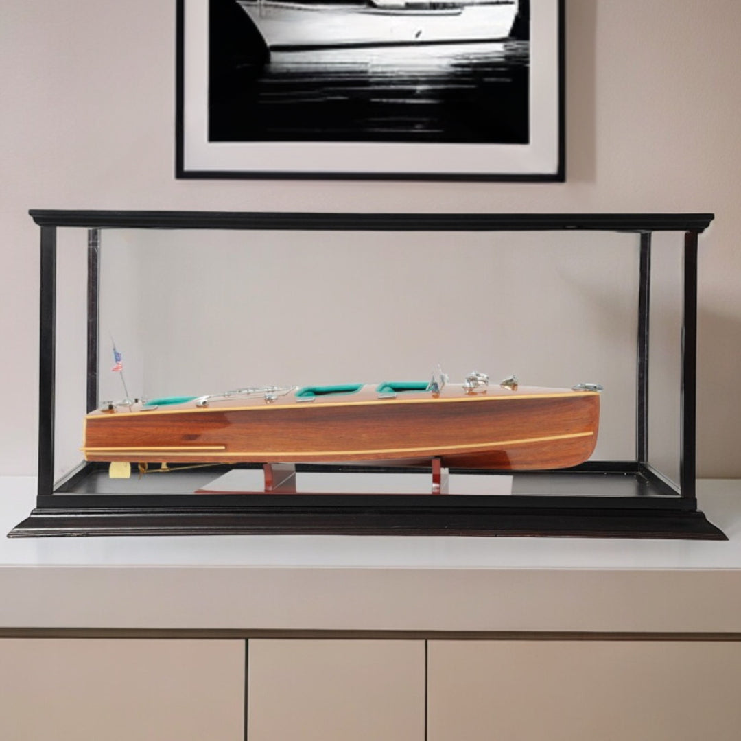 15" Wood Brown c1928 Chris Craft Triple Cockpit Hand Painted Boat with Case-Sculptures-DECOROLALA