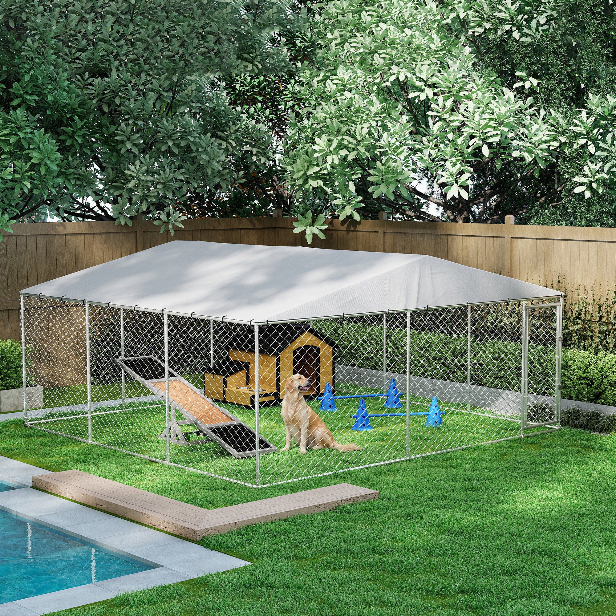 15' x 15' Outdoor Dog Kennel with Waterproof Cover - Silver-Dogs-DECOROLALA