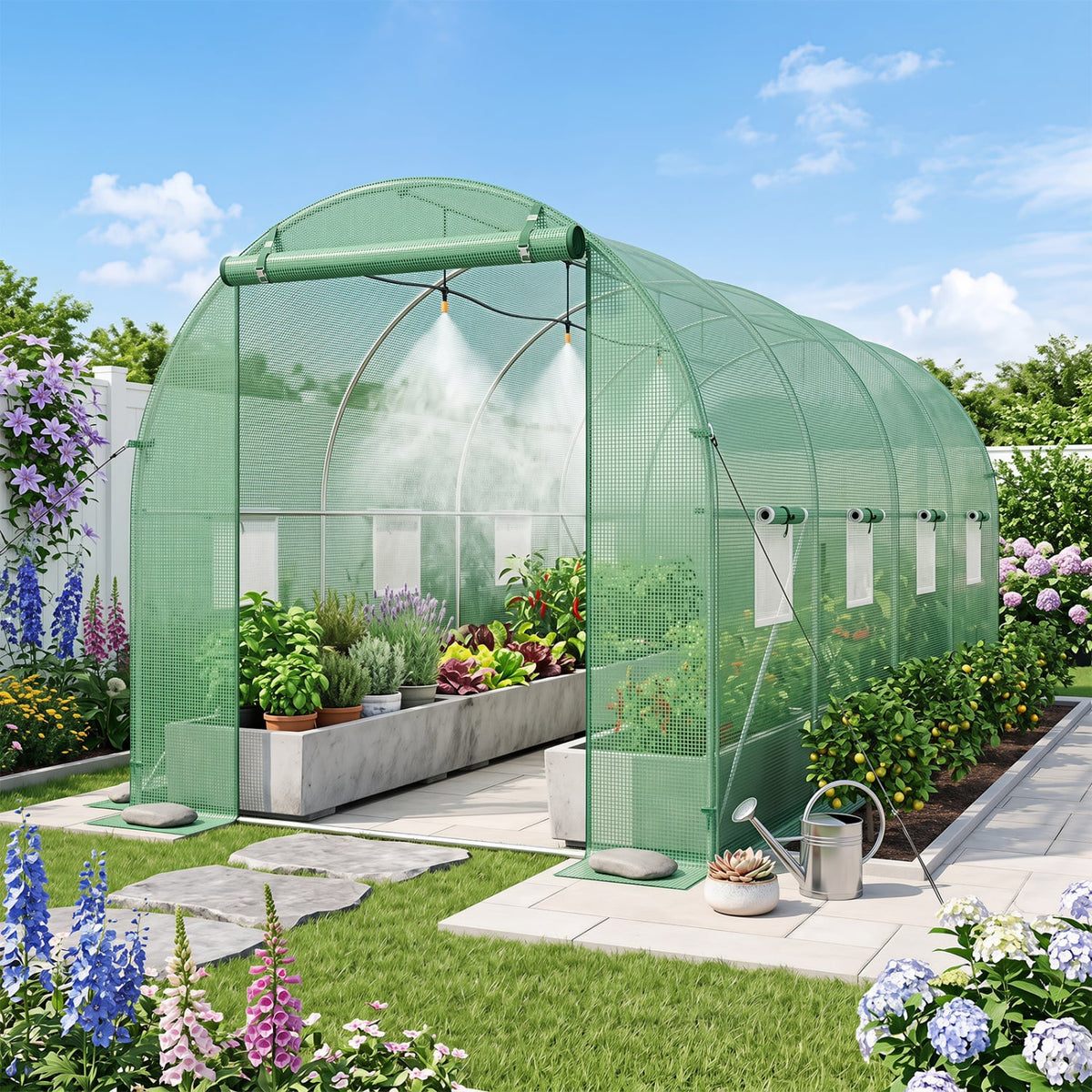 15 x 7 x 7 ft Walk-in Tunnel Greenhouse with Watering System-Green-Greenhouses-DECOROLALA