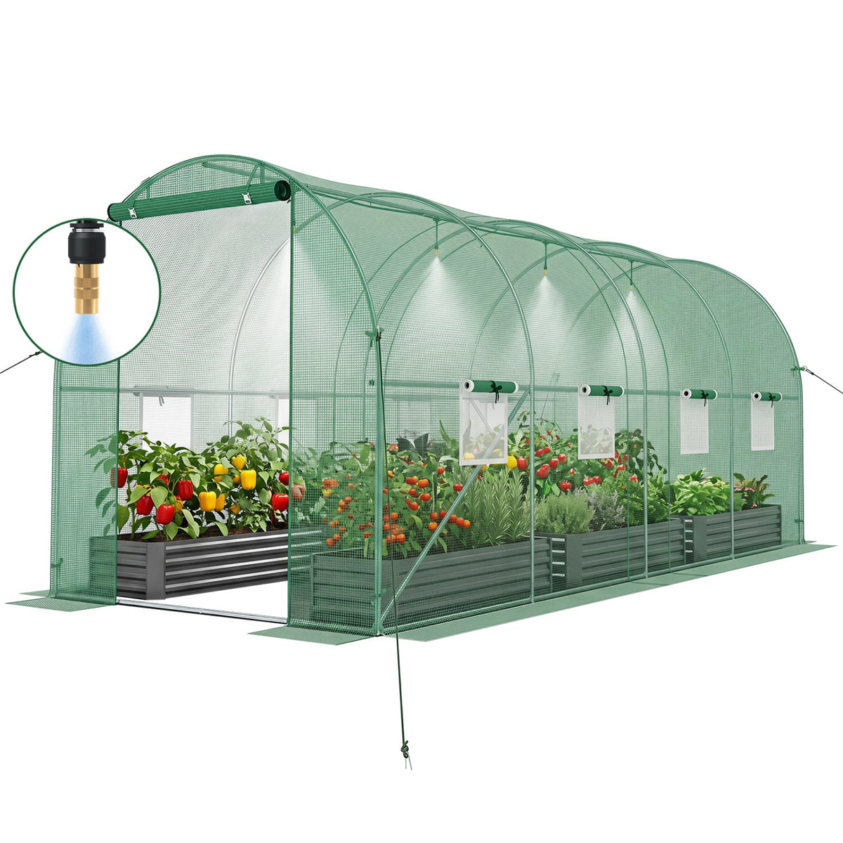15 x 7 x 7 ft Walk-in Tunnel Greenhouse with Watering System-Green-Greenhouses-DECOROLALA