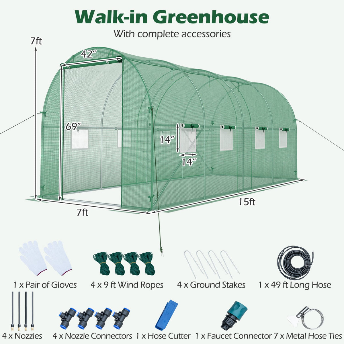 15 x 7 x 7 ft Walk-in Tunnel Greenhouse with Watering System-Green-Greenhouses-DECOROLALA