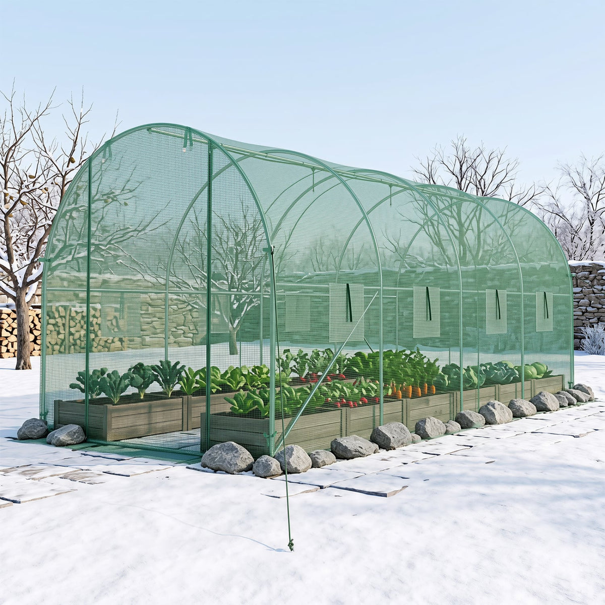 15 x 7 x 7 ft Walk-in Tunnel Greenhouse with Watering System-Green-Greenhouses-DECOROLALA