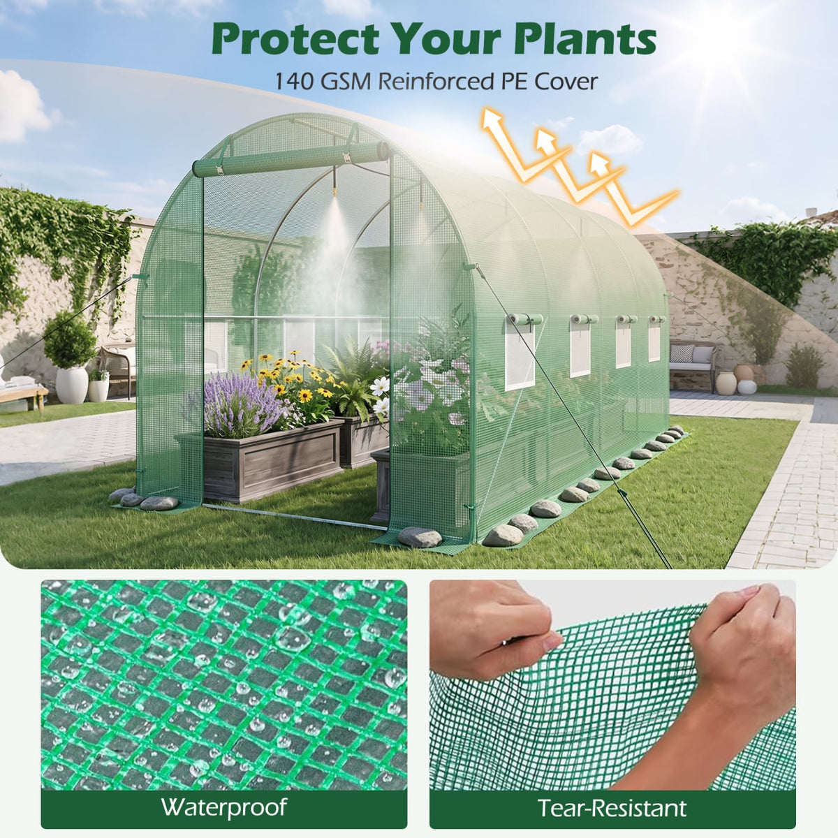 15 x 7 x 7 ft Walk-in Tunnel Greenhouse with Watering System-Green-Greenhouses-DECOROLALA