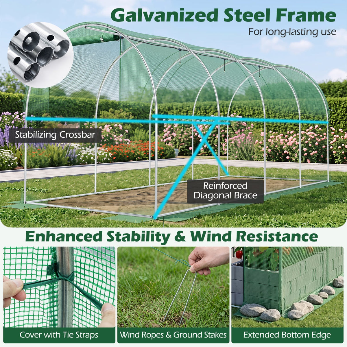 15 x 7 x 7 ft Walk-in Tunnel Greenhouse with Watering System-Green-Greenhouses-DECOROLALA