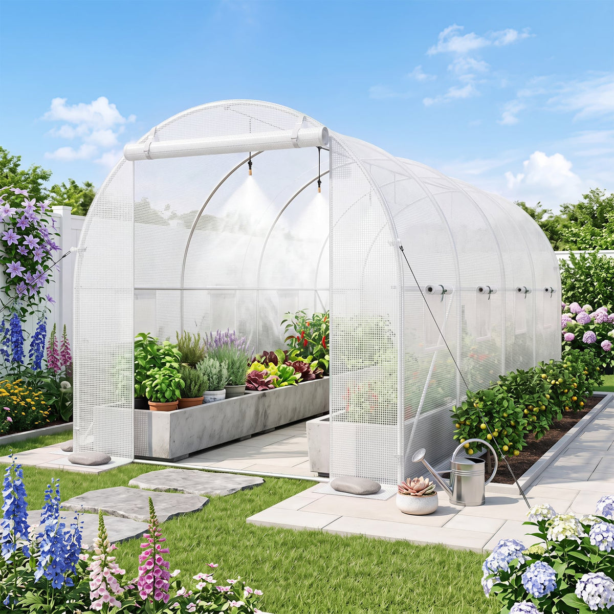 15 x 7 x 7 ft Walk-in Tunnel Greenhouse with Watering System-White-Greenhouses-DECOROLALA
