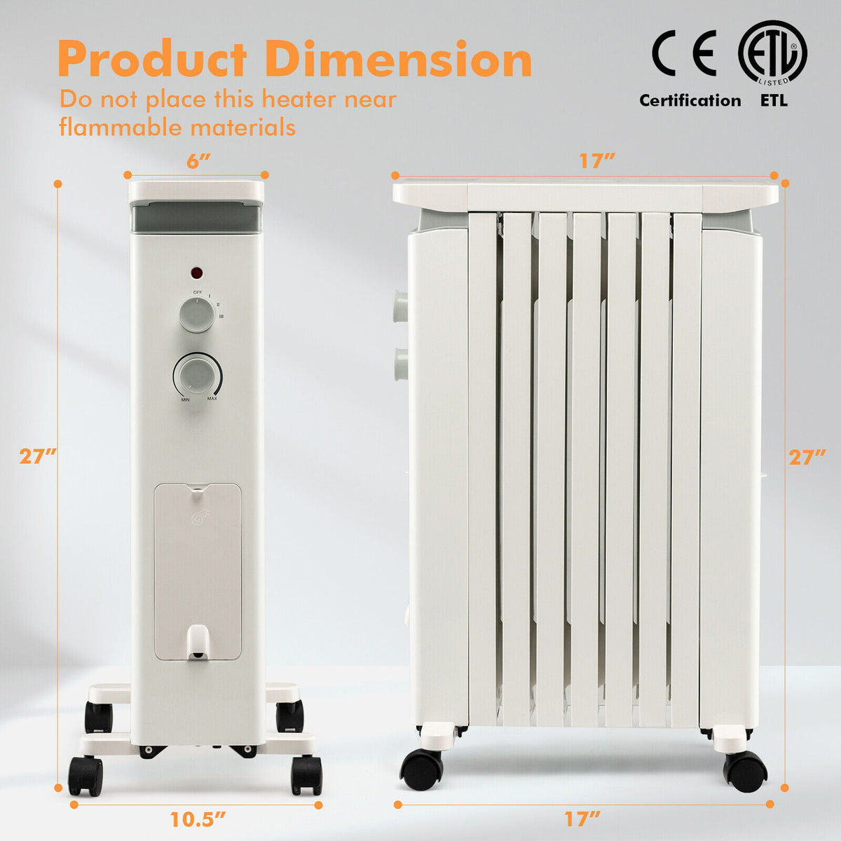 1500W Portable Oil Filled Radiator Heater with 3 Heat Settings-White-Space Heaters-DECOROLALA